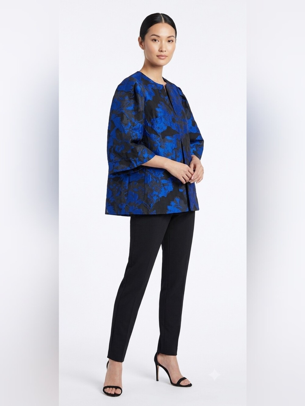 New!!! Misook ✨️ Mossimo Blue and Black Floral Open Front Women's Jacket Size L